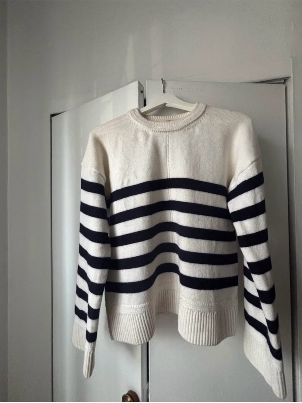 Sezane Cream and Navy Striped Crewneck Sweater
